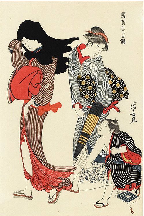KIYONAGA, "The Entangled Kite String"
                (Red Kimono - Red Obi)