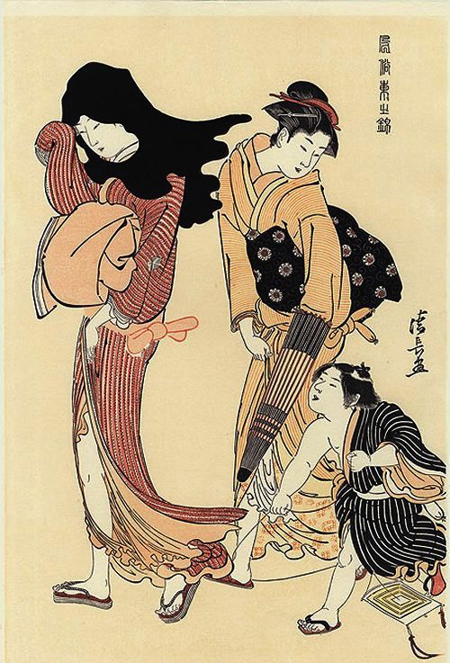 KIYONAGA, "The Entangled Kite String"
                (Green Kimono)