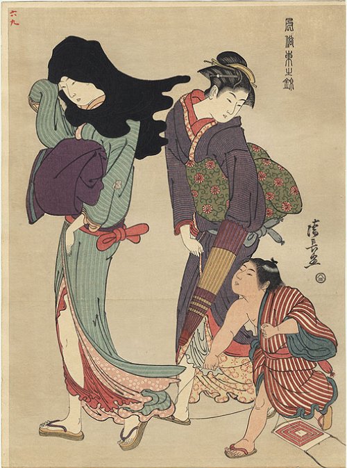 KIYONAGA, "The Entangled Kite String"
                (Green Kimono)